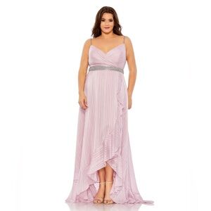 NWT $458 MAC DUGGAL RHINESTONED BEADED RUFFLE PINK SPAGHETTI STRAP DRESS GOWN